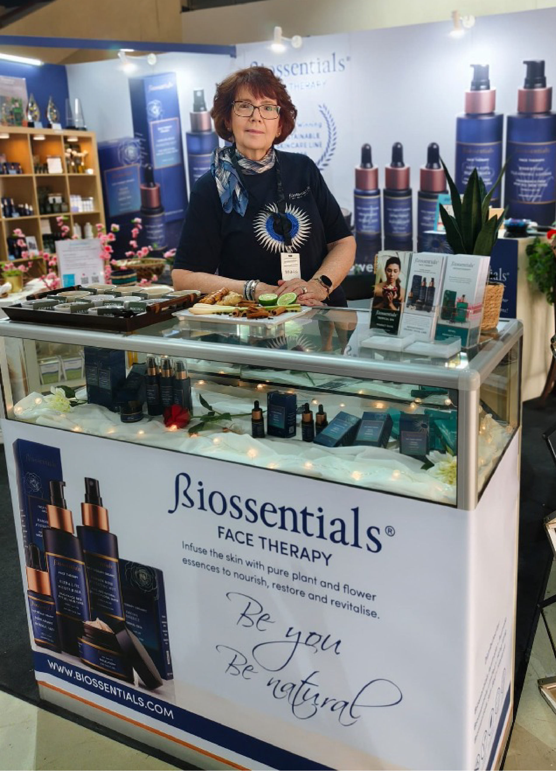Biossentials founder Joanne Bruce presenting the Face Therapy collection at an exhibition