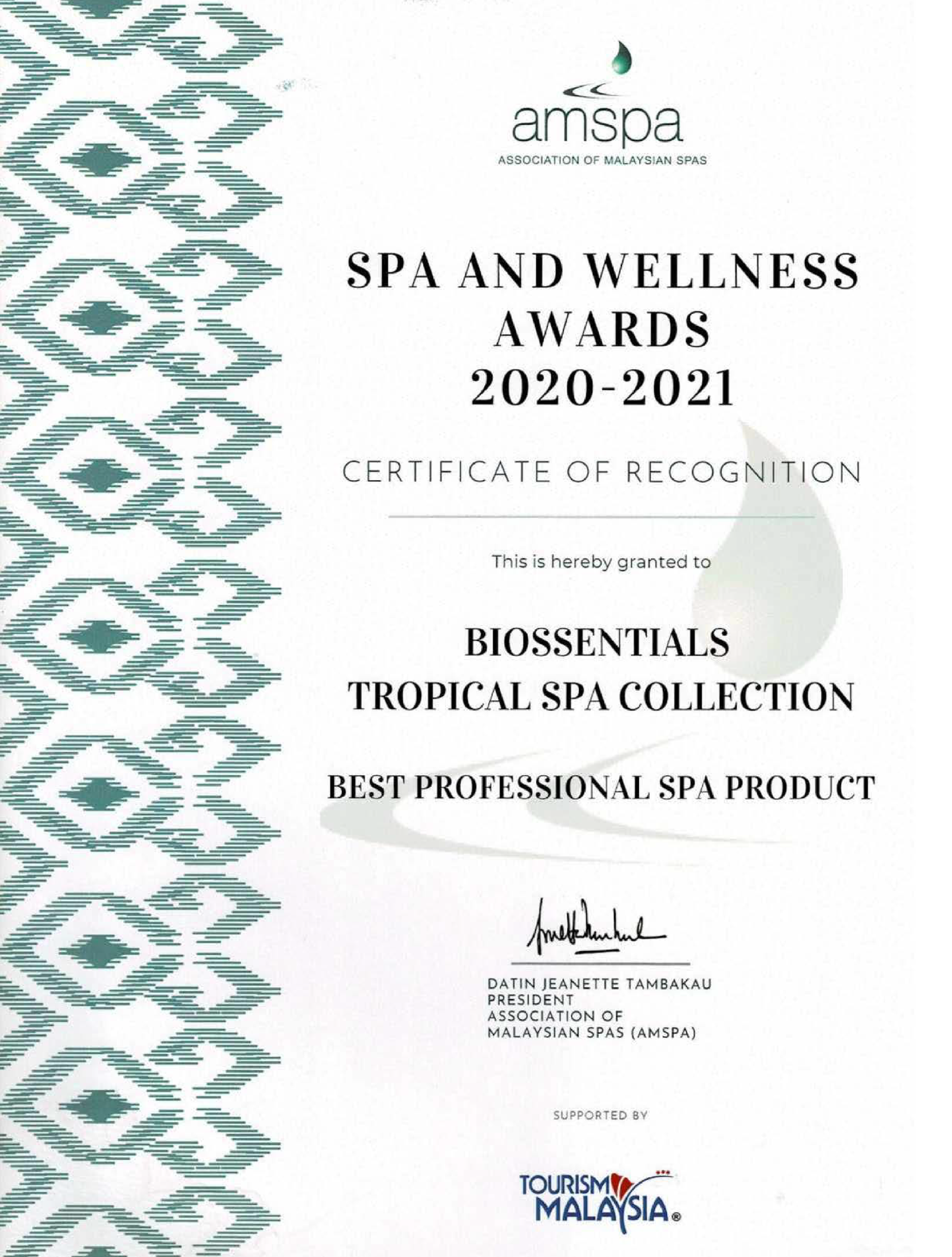 Biossentials Tropical Spa Collection certificate for Best Professional Spa Product at the AMSPA Awards 2020–2021