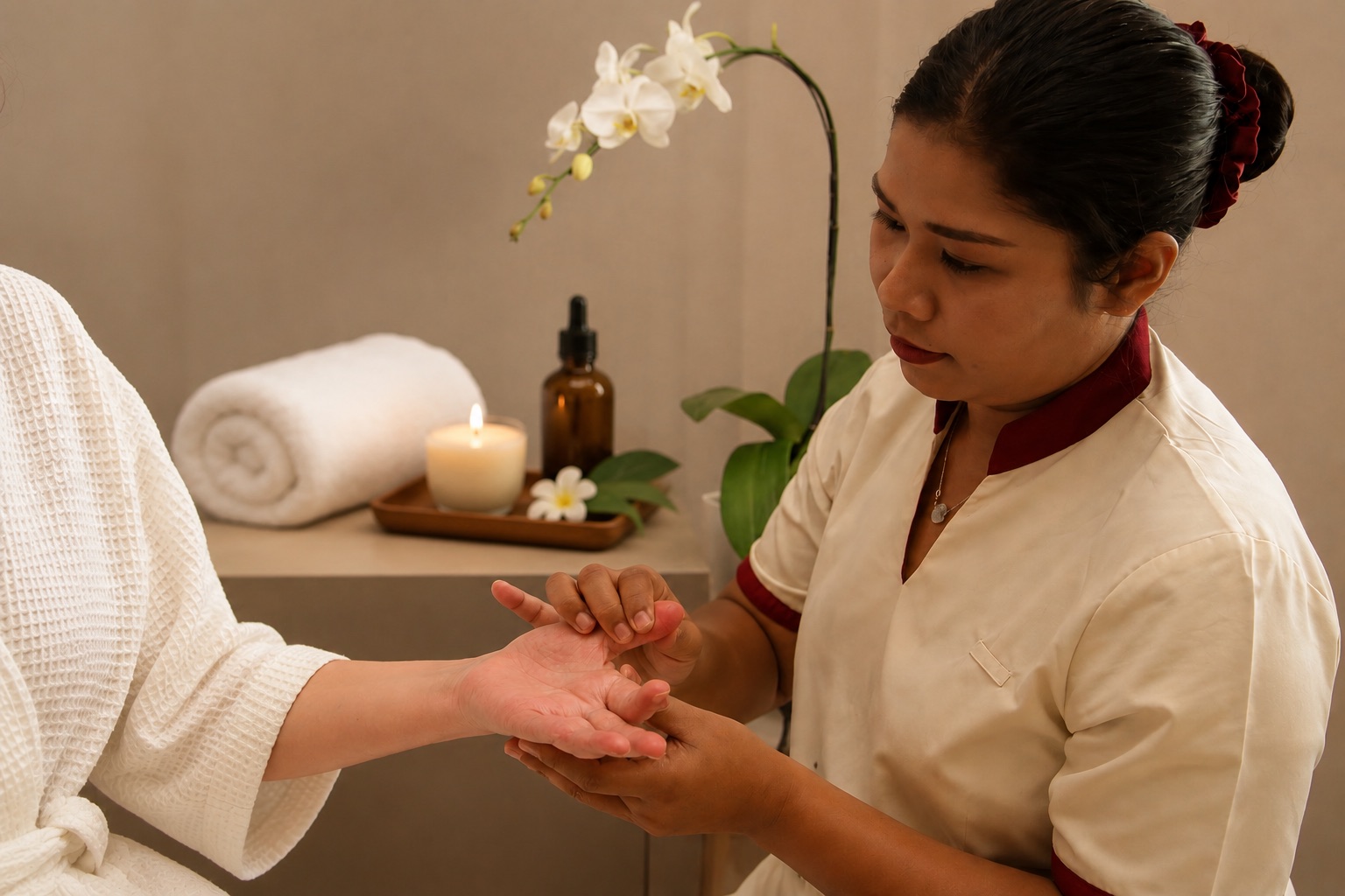 Spa therapist applying a Biossentials hand treatment to a guest