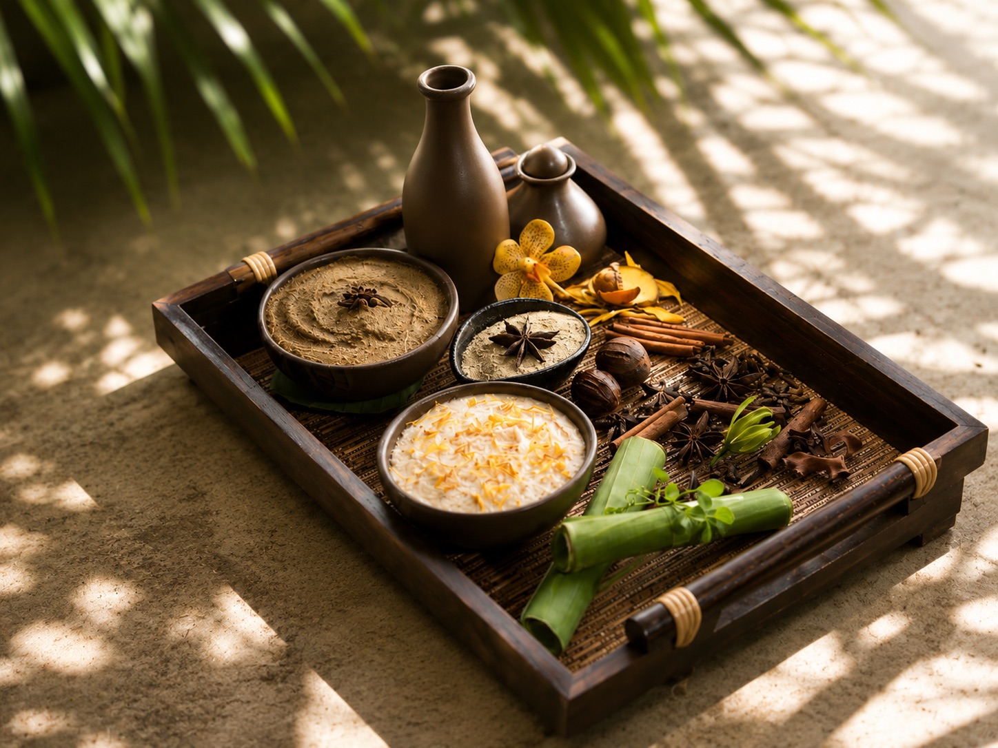 Natural spa ingredients, aromatic spices and treatment bowls arranged on a wooden tray