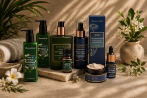 Biossentials Tropical Passion body care and Chamomile Blend facial products with tropical flowers