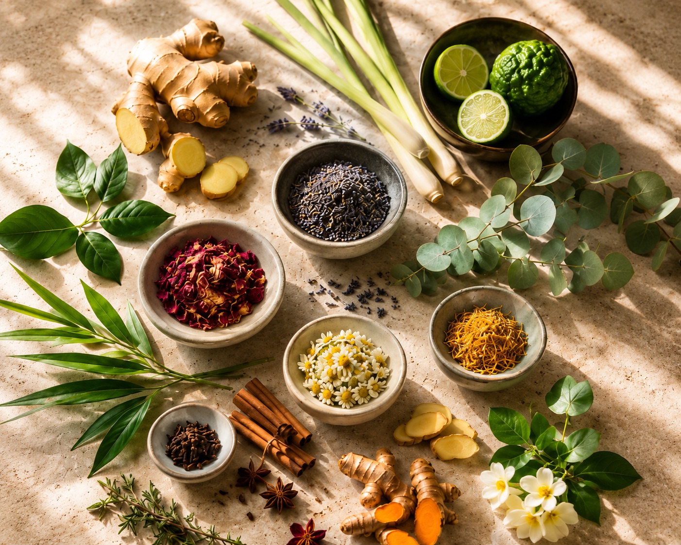 Natural aromatherapy ingredients including ginger, lemongrass, citrus, lavender, flowers and spices