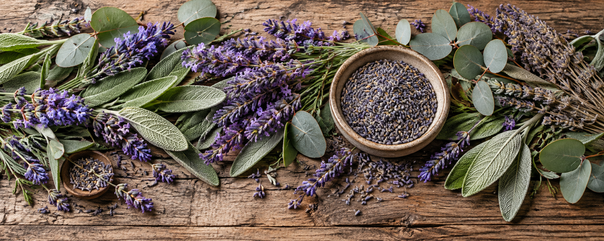 Lavender, sage and eucalyptus leaves with a ceramic bowl of dried lavender on a wooden table